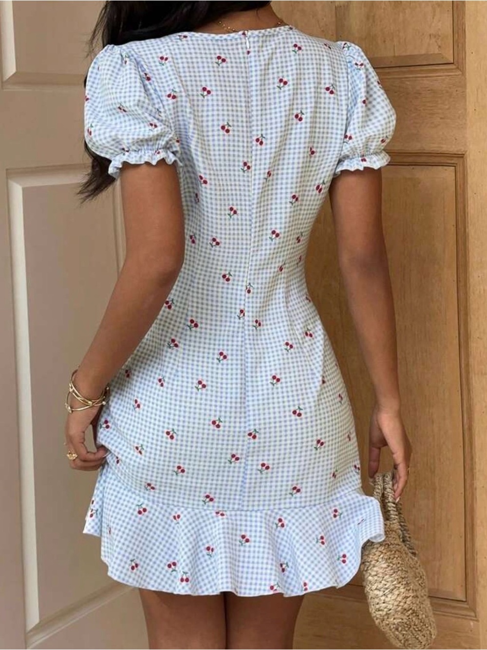 Blue Gingham Cherry Wrap Mini Dress - Picture 2 of 6